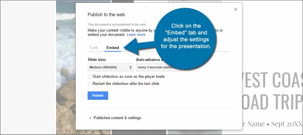 Google Slides Embed Settings