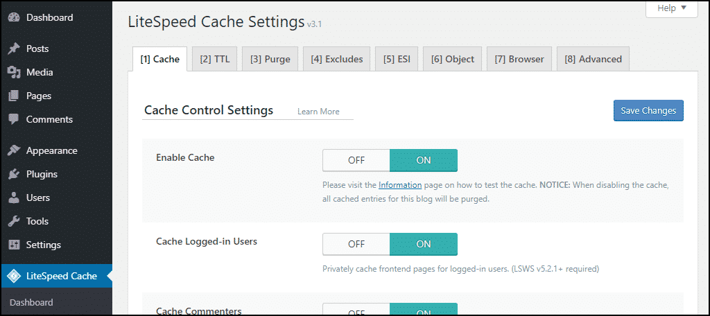 LiteSpeed cache settings