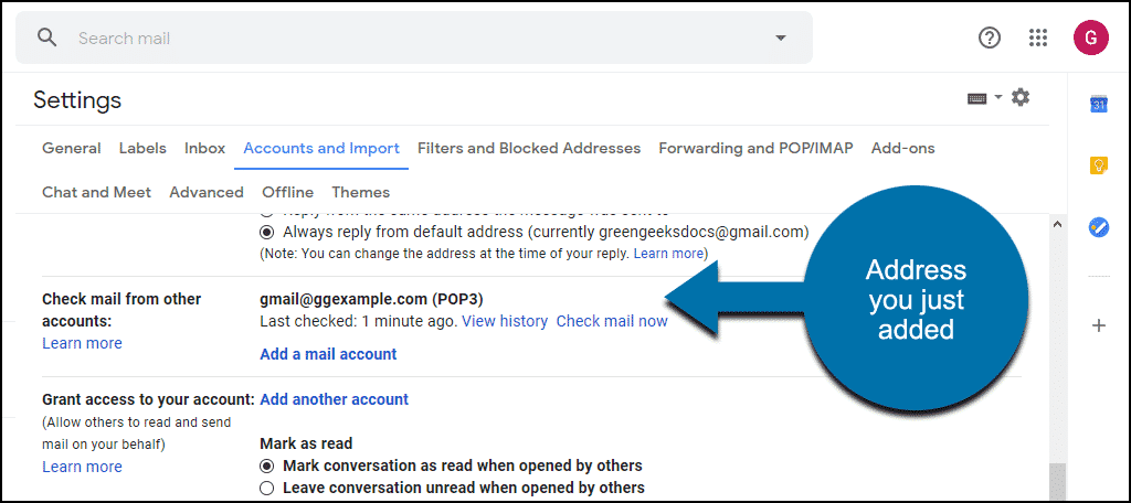 newly added email address in Gmail settings