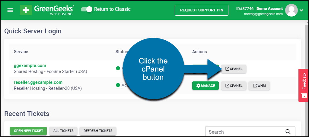 log in to GreenGeeks and click the cPanel button