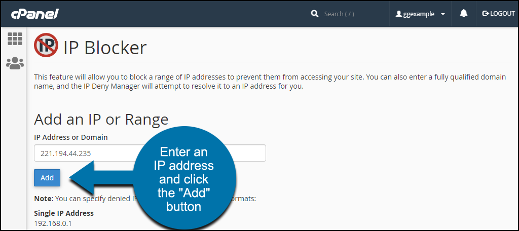 cPanel IP Blocker enter IP and click "Add" button
