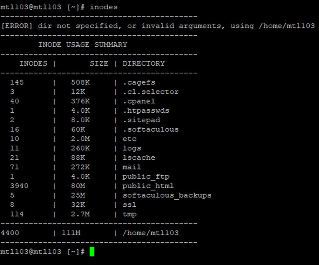 Inode CLI output with default settings in homedir