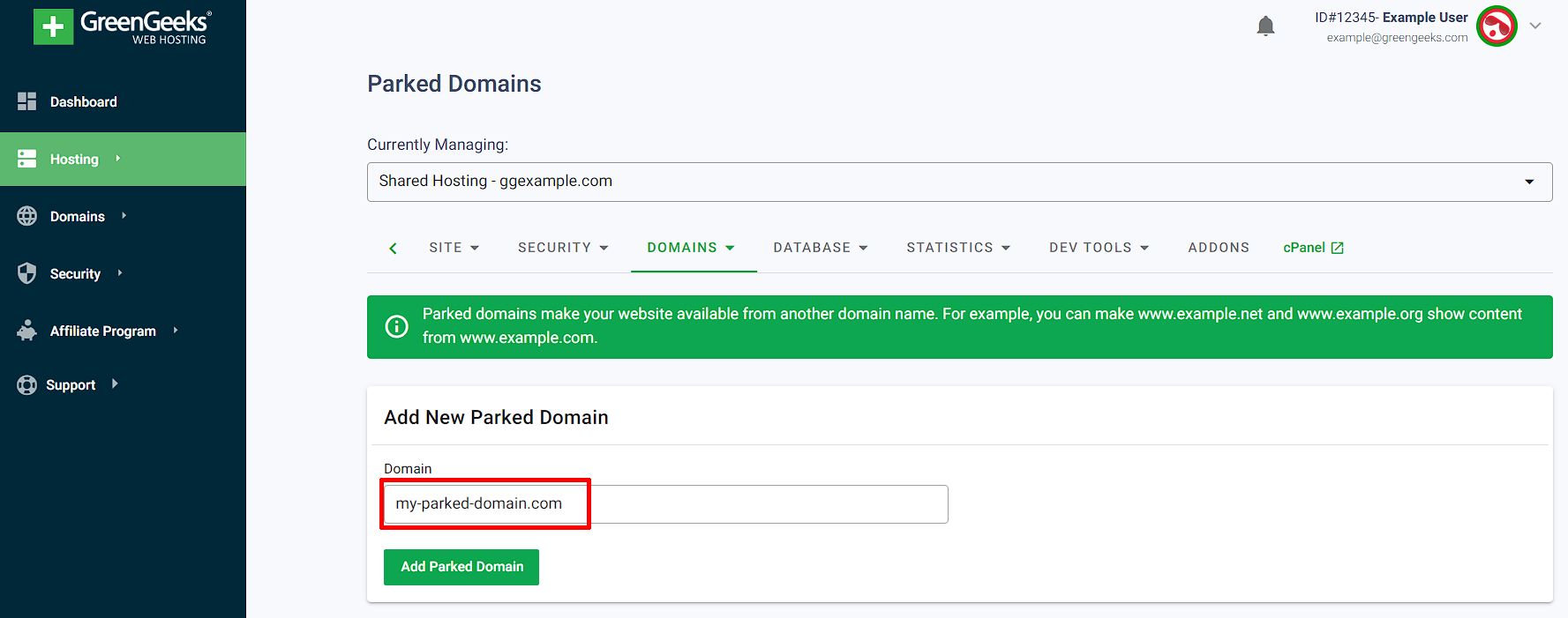 GreenGeeks Dashboard Add Parked/Alias Domain button