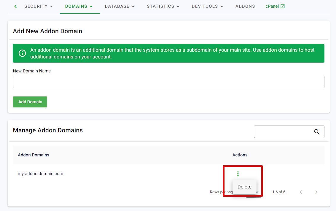 GreenGeeks Dashboard Delete Addon Domain Button