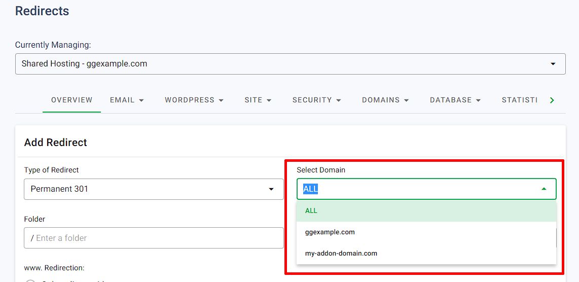 GreenGeeks Dashboard Addon Domain Select