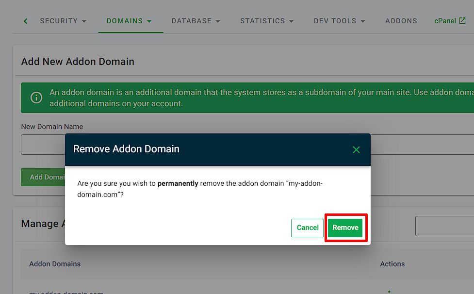 GreenGeeks Dashboard Delete Addon Domain Confirmation