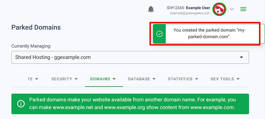 GreenGeeks Dashboard Add Parked Domain Confirmation