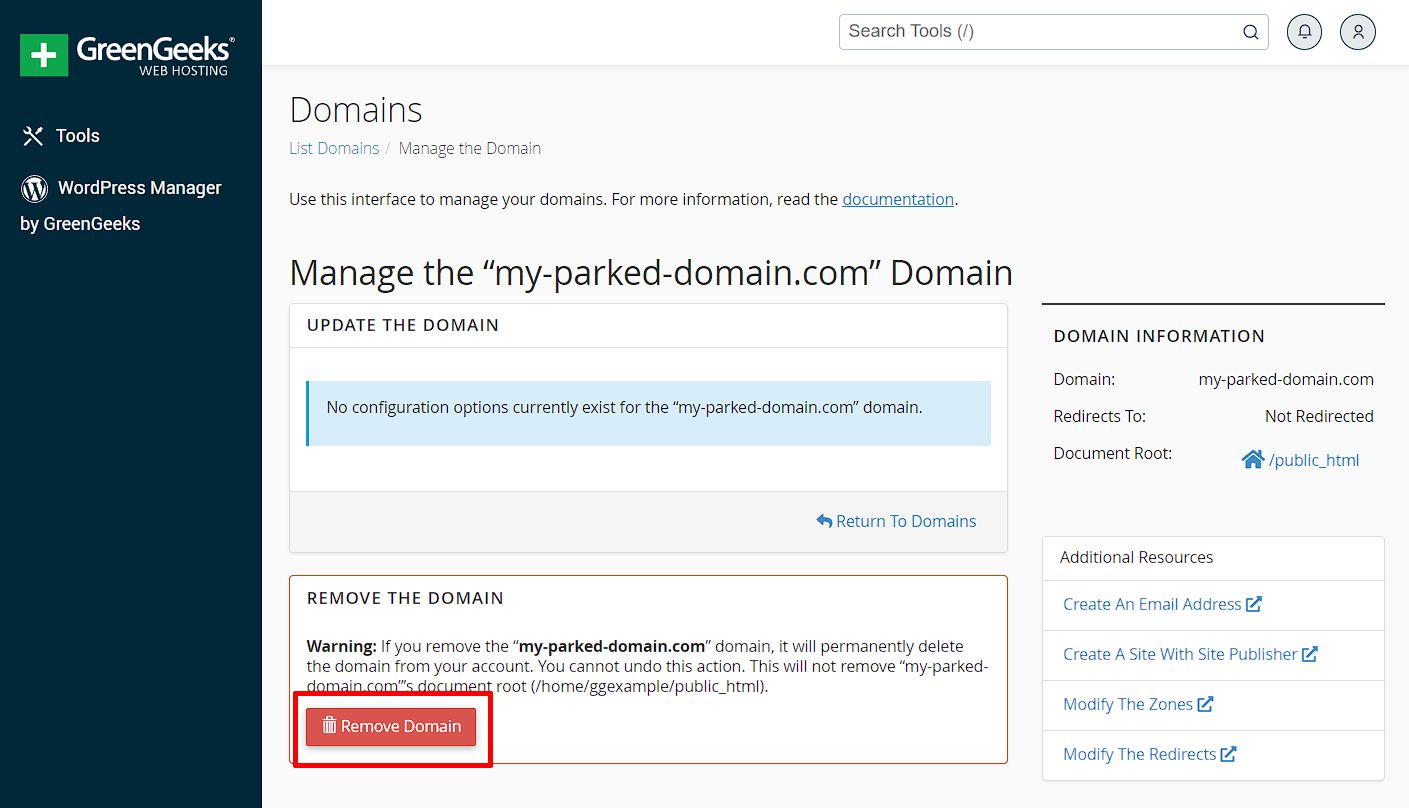 cPanel Remove Alias/Parked Domain Button