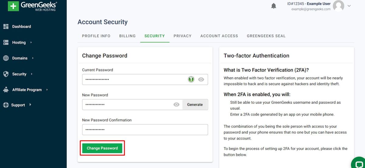 GreenGeeks Dashboard set new password page