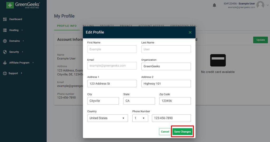 GreenGeeks Dashboard profile editor dialog save changes button