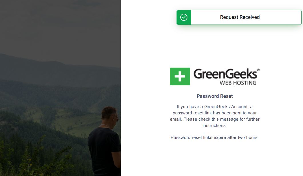 GreenGeeks Dashboard Reset Confirmation message