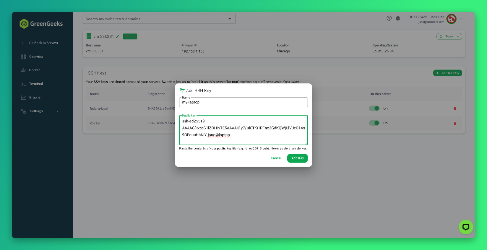 Add SSH Key dialog with Name and Public key fields