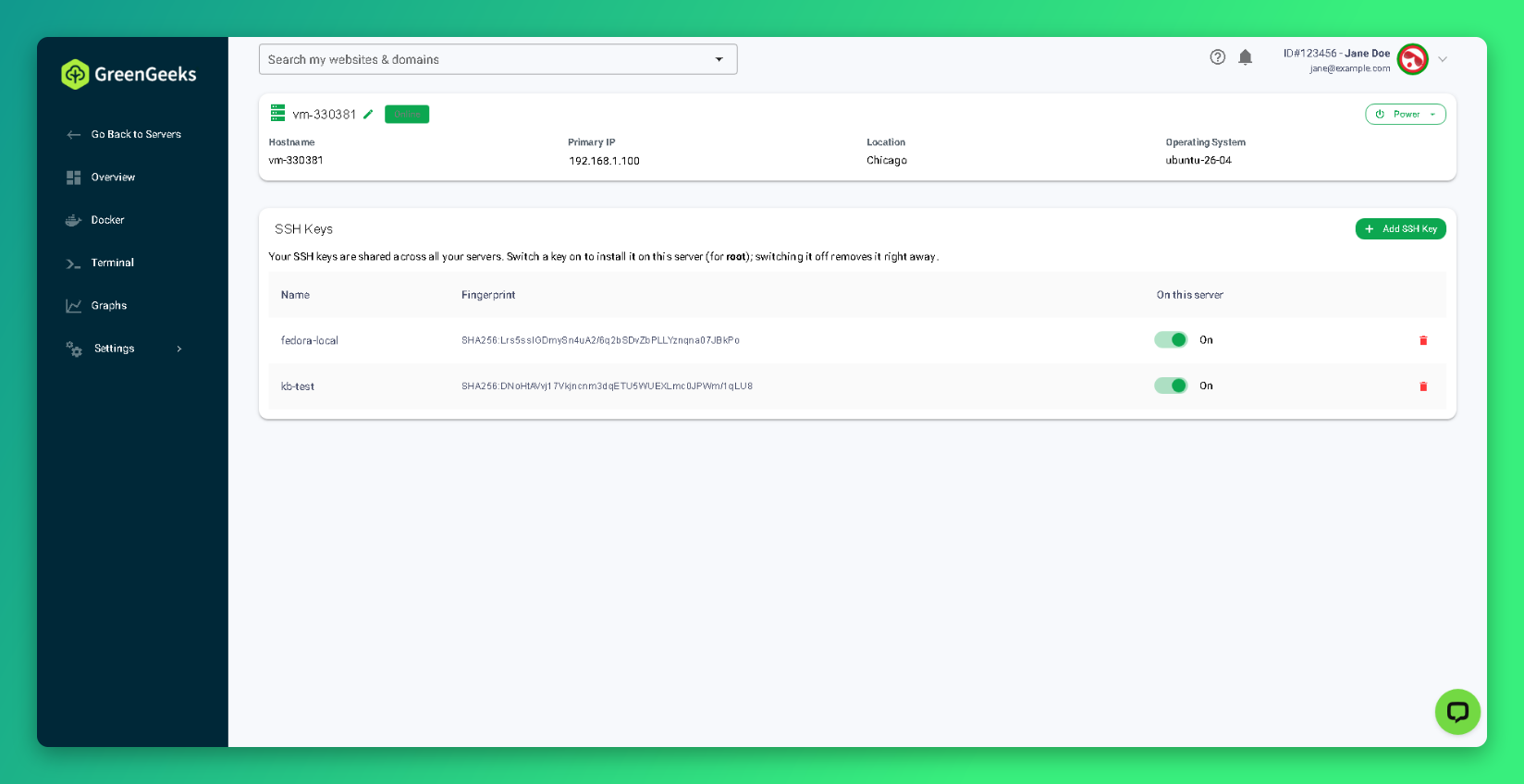 SSH Keys page listing saved keys with On toggles