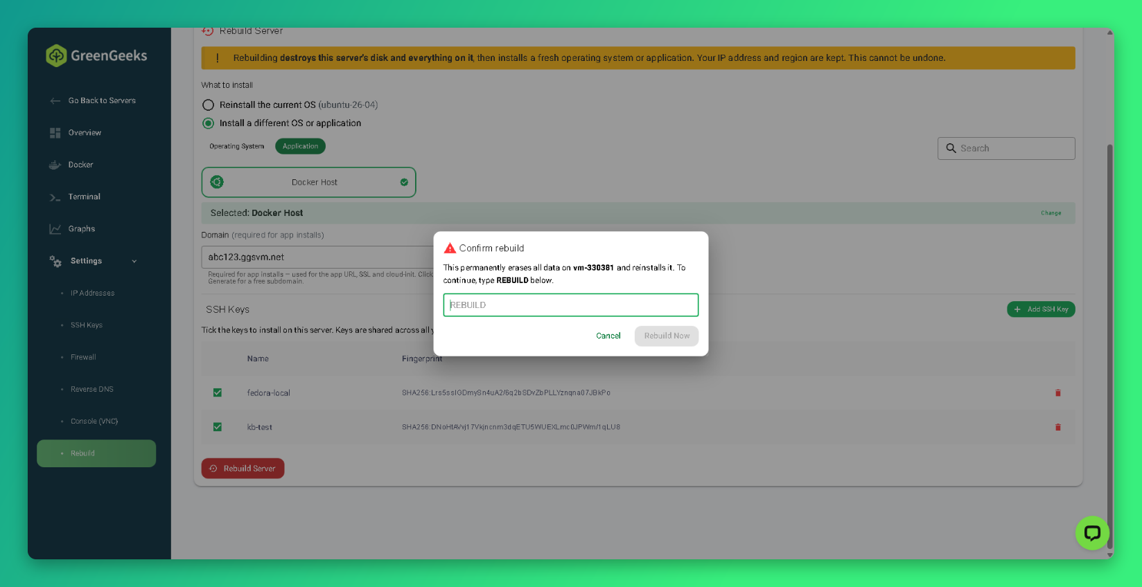 Confirm rebuild dialog asking you to type REBUILD