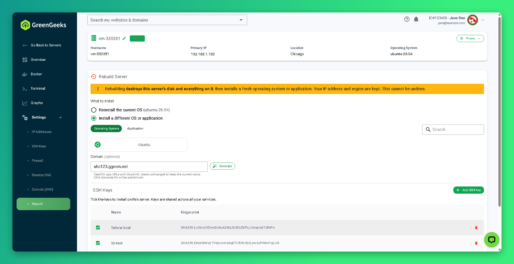 Rebuild page showing the Operating System and Application tabs