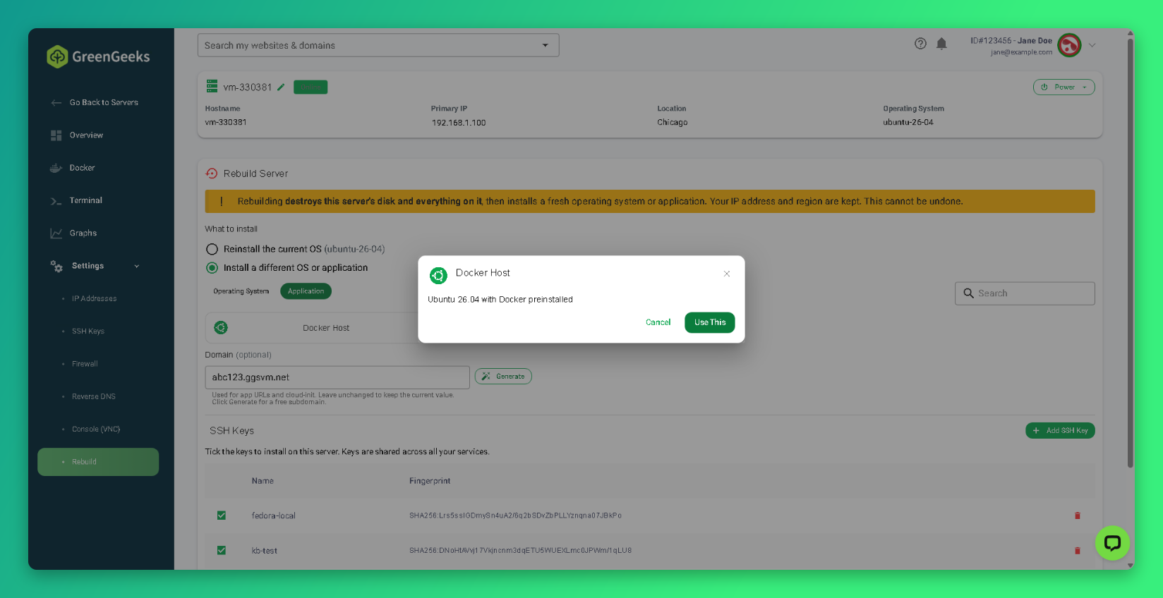 Docker Host details dialog with Use This button