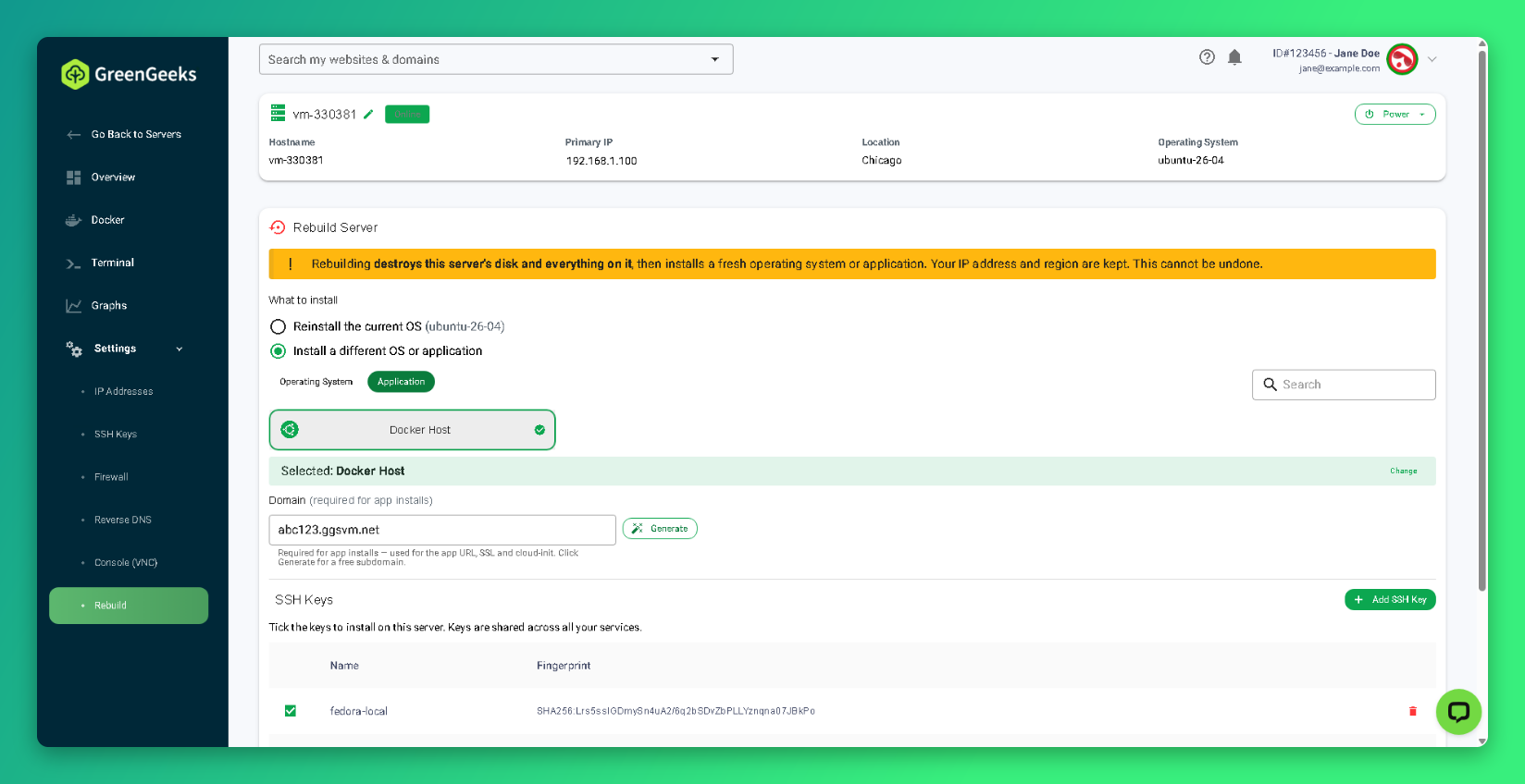 Rebuild page showing Docker Host selected and the required Domain field