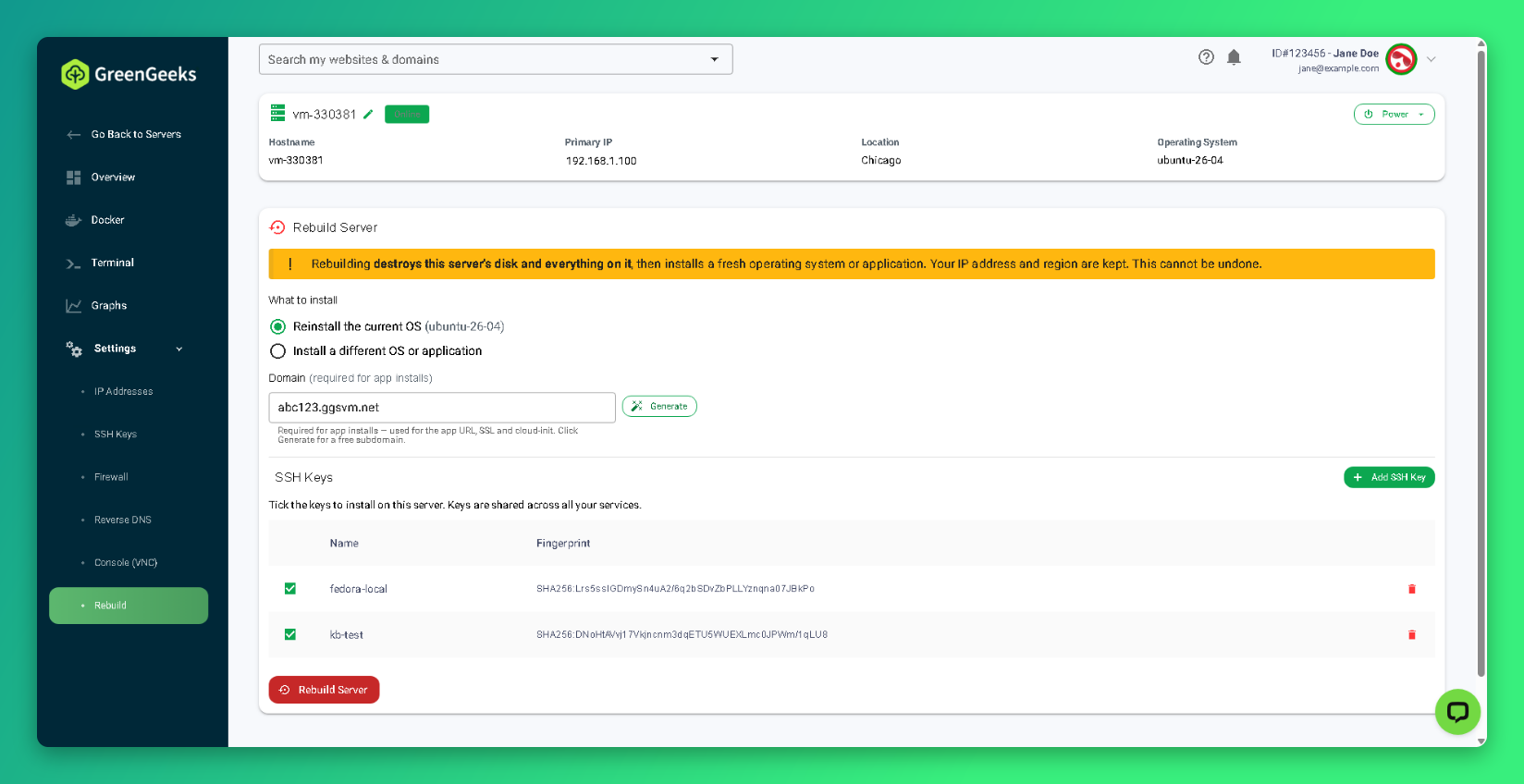 Rebuild Server page with Reinstall the current OS selected