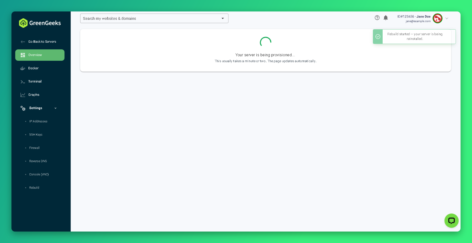 Server being provisioned message on the Overview page