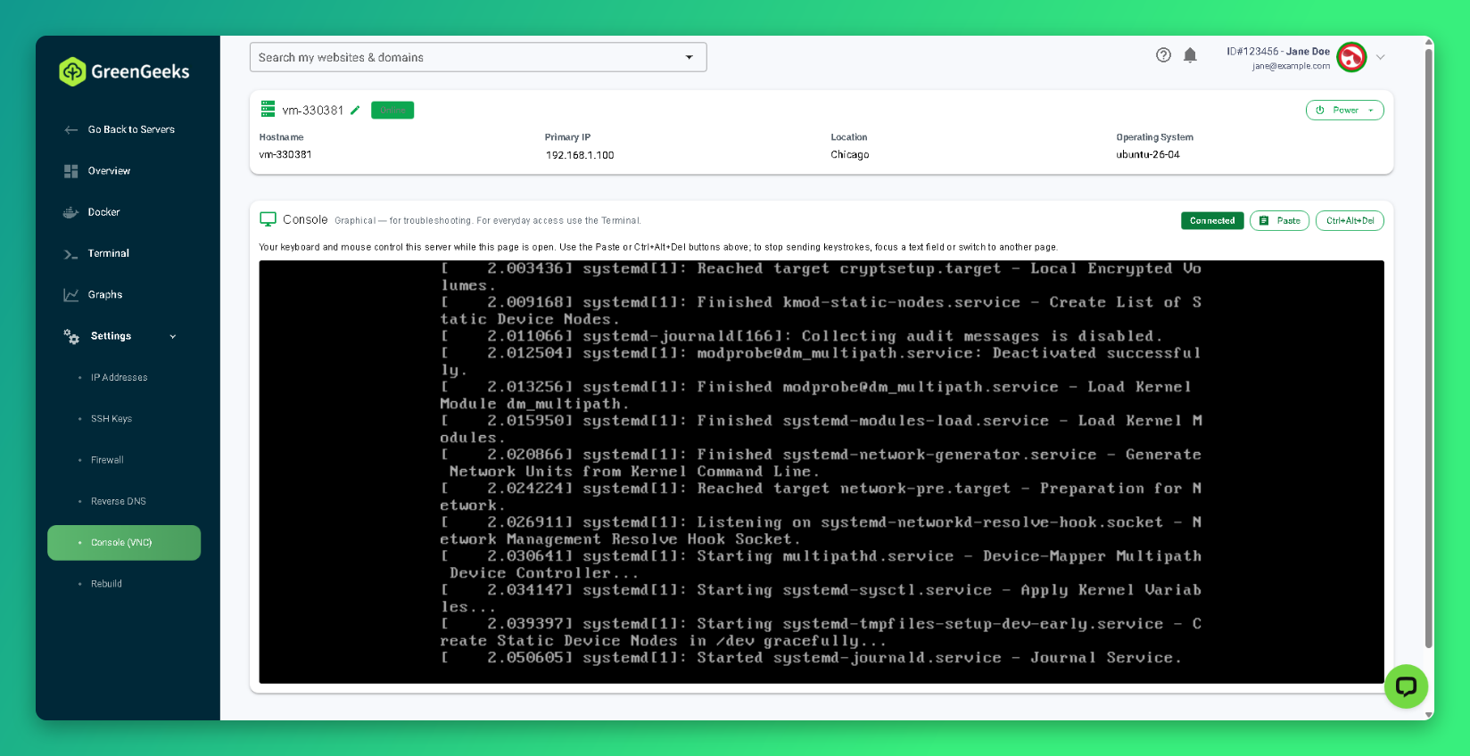 Console showing startup messages after a reboot