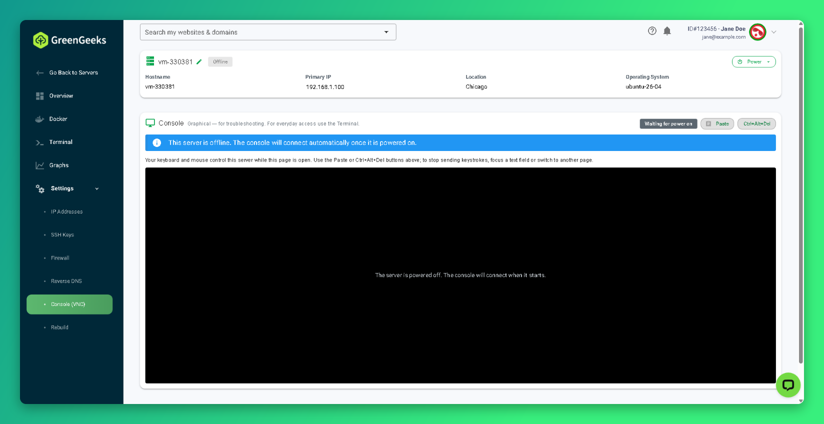 Console page while the server is powered off