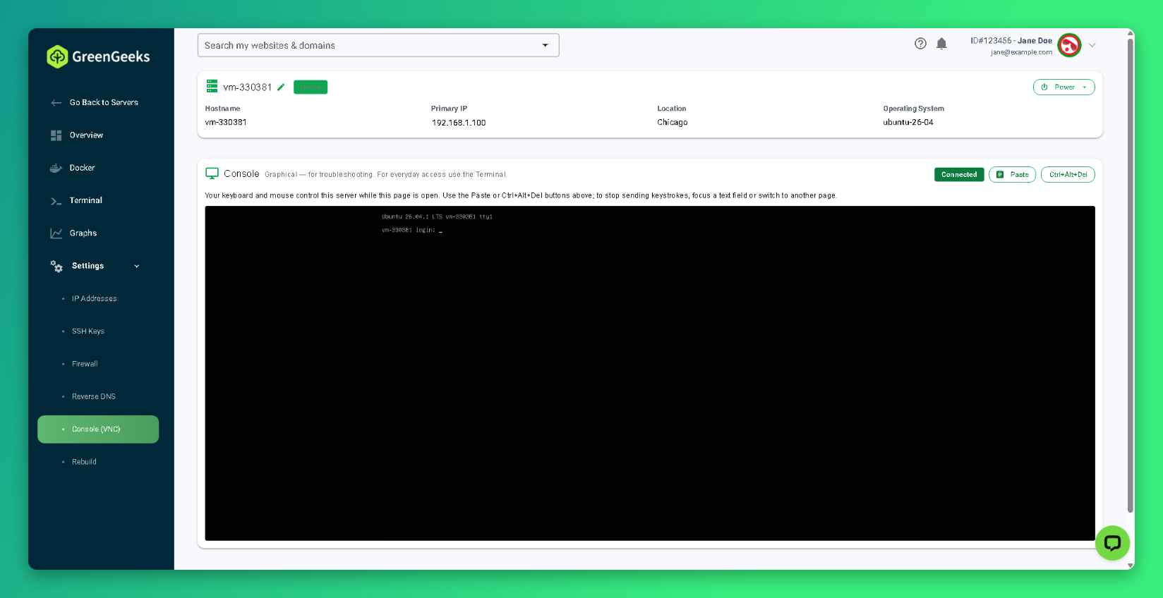 Console (VNC) page with Paste and Ctrl+Alt+Del buttons