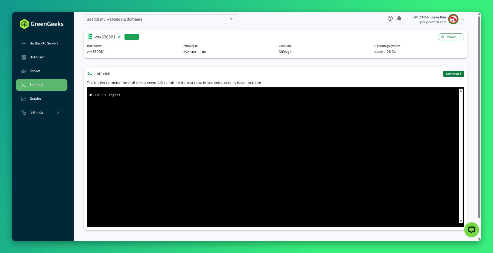 Terminal page showing a connected login prompt