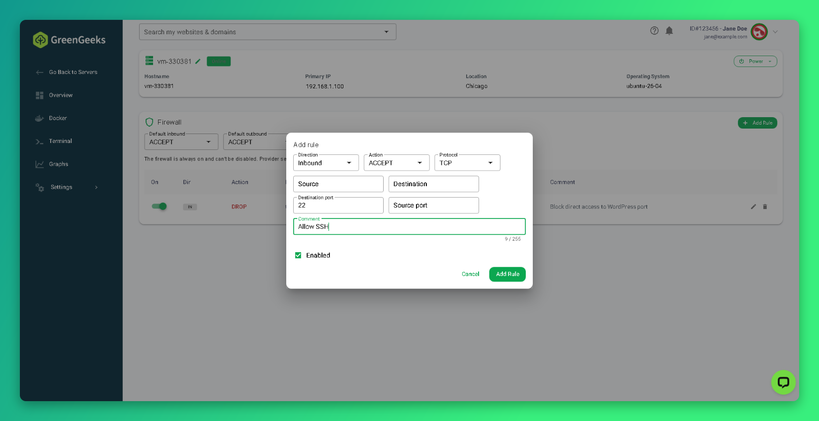 Add rule dialog filled in to allow inbound SSH on TCP port 22