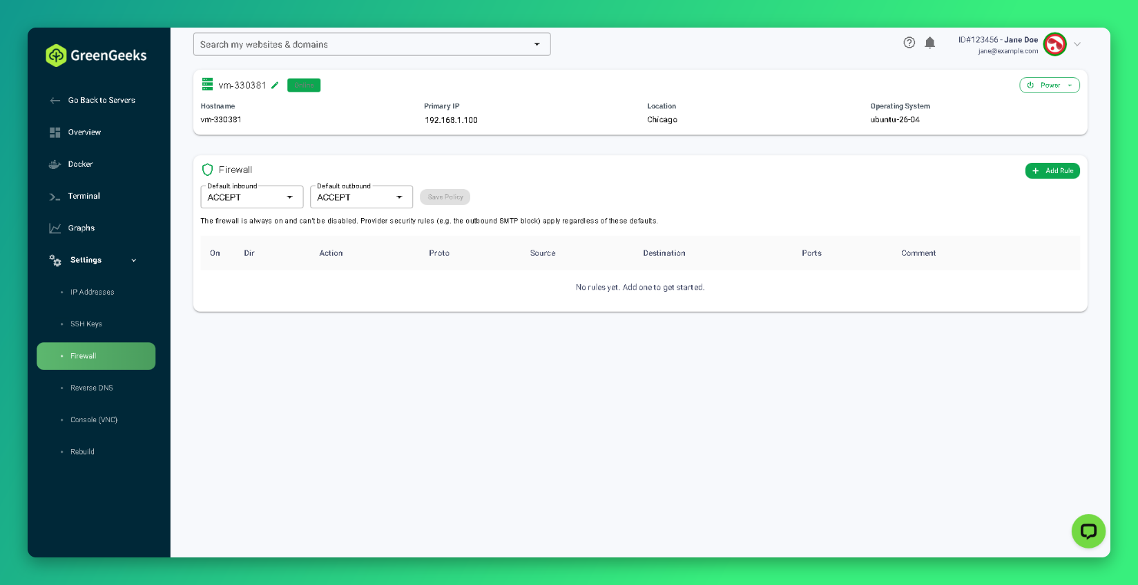 Firewall page with default policies and an empty rules list