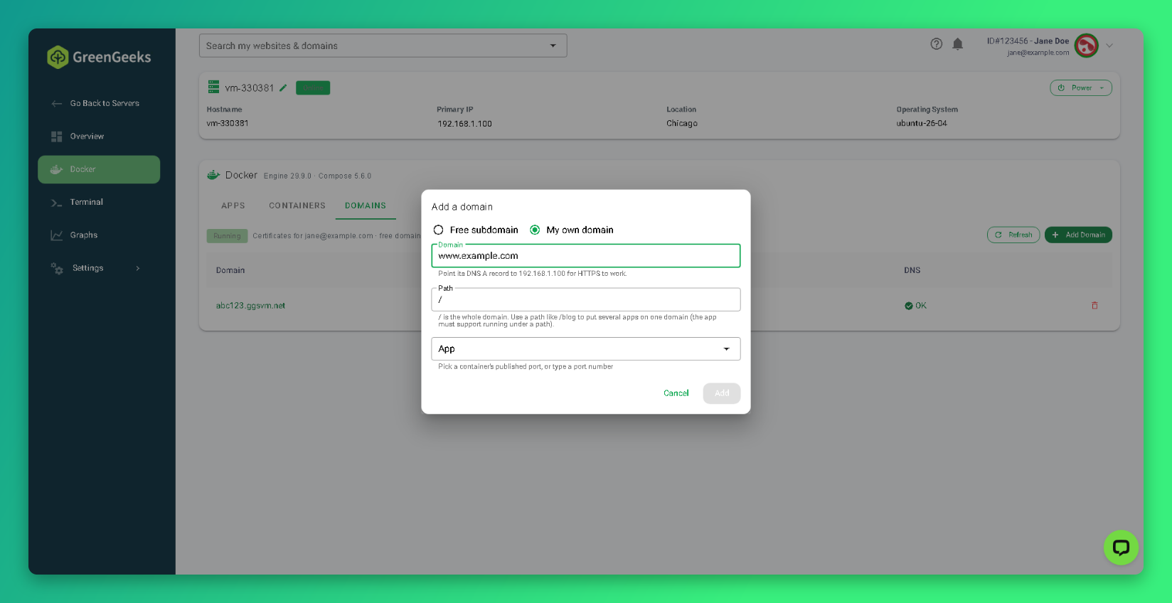 Add a domain dialog