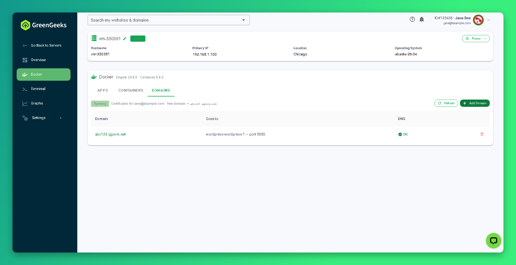 Domains tab listing published domains