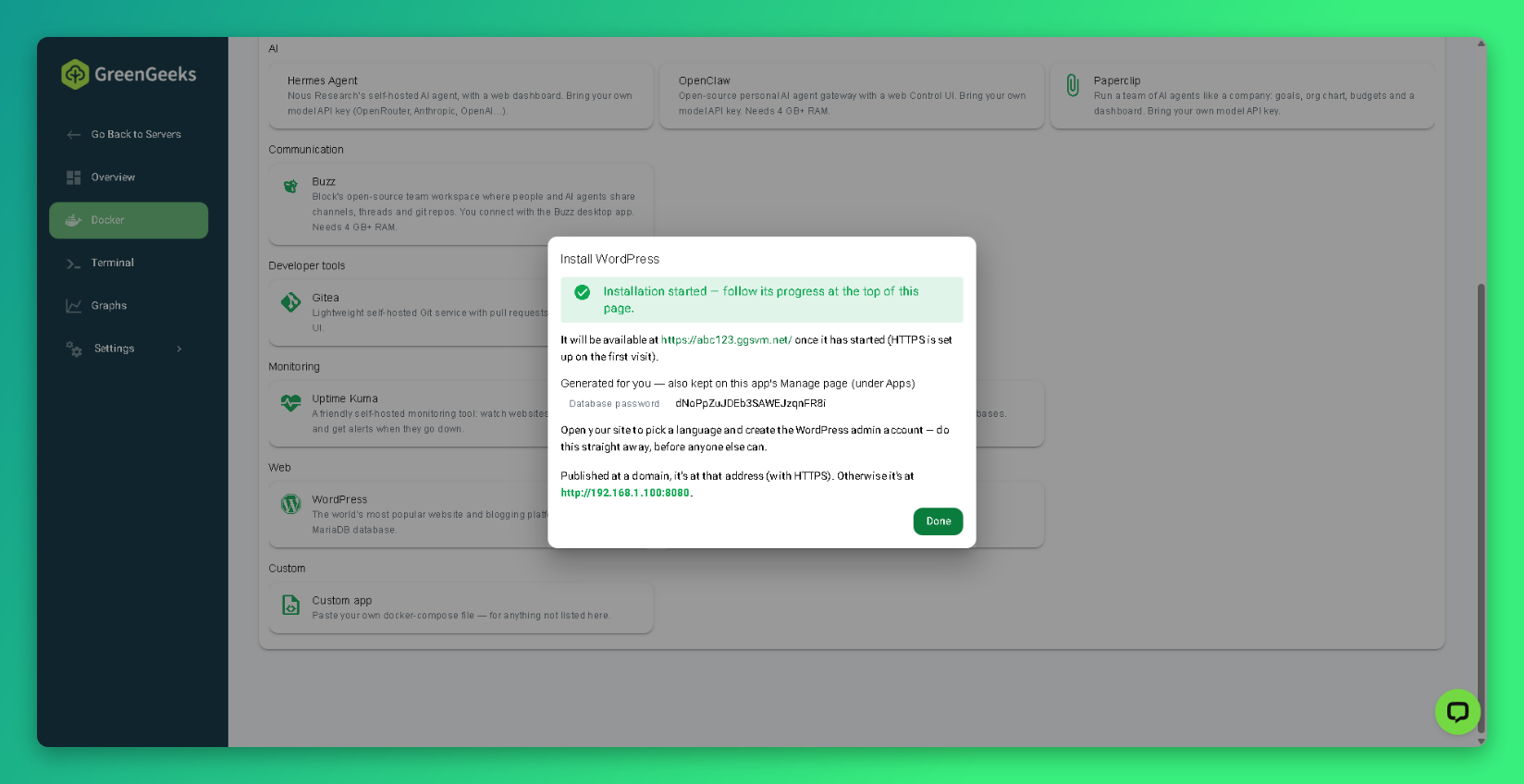 Installation started dialog with the app address