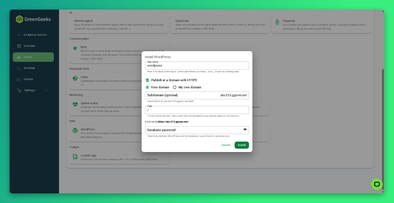 Install WordPress dialog