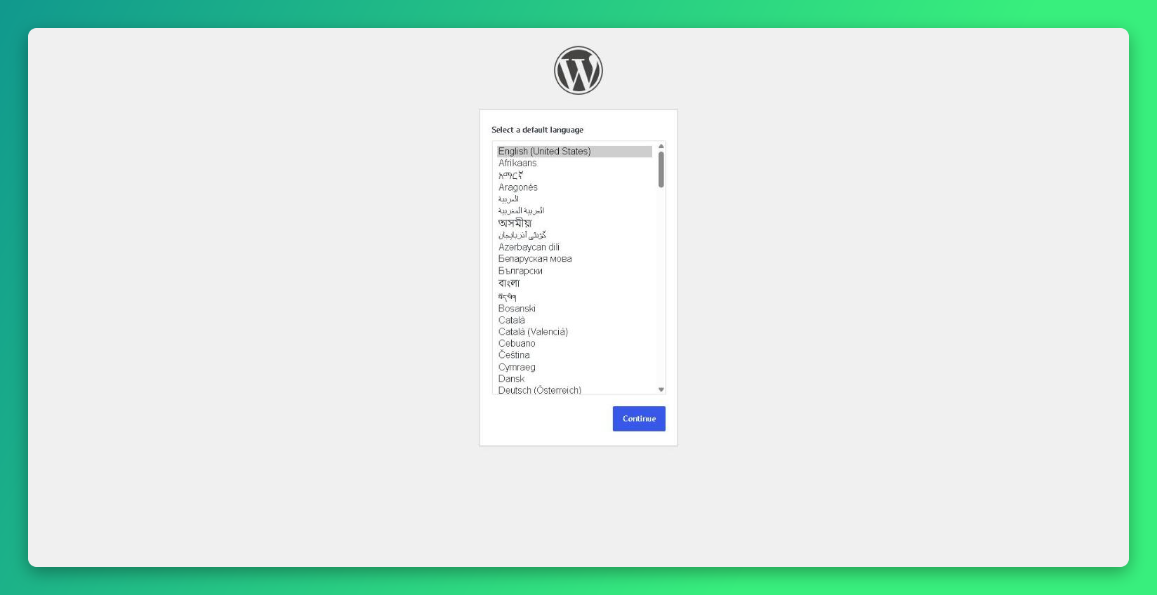 WordPress language selection setup screen