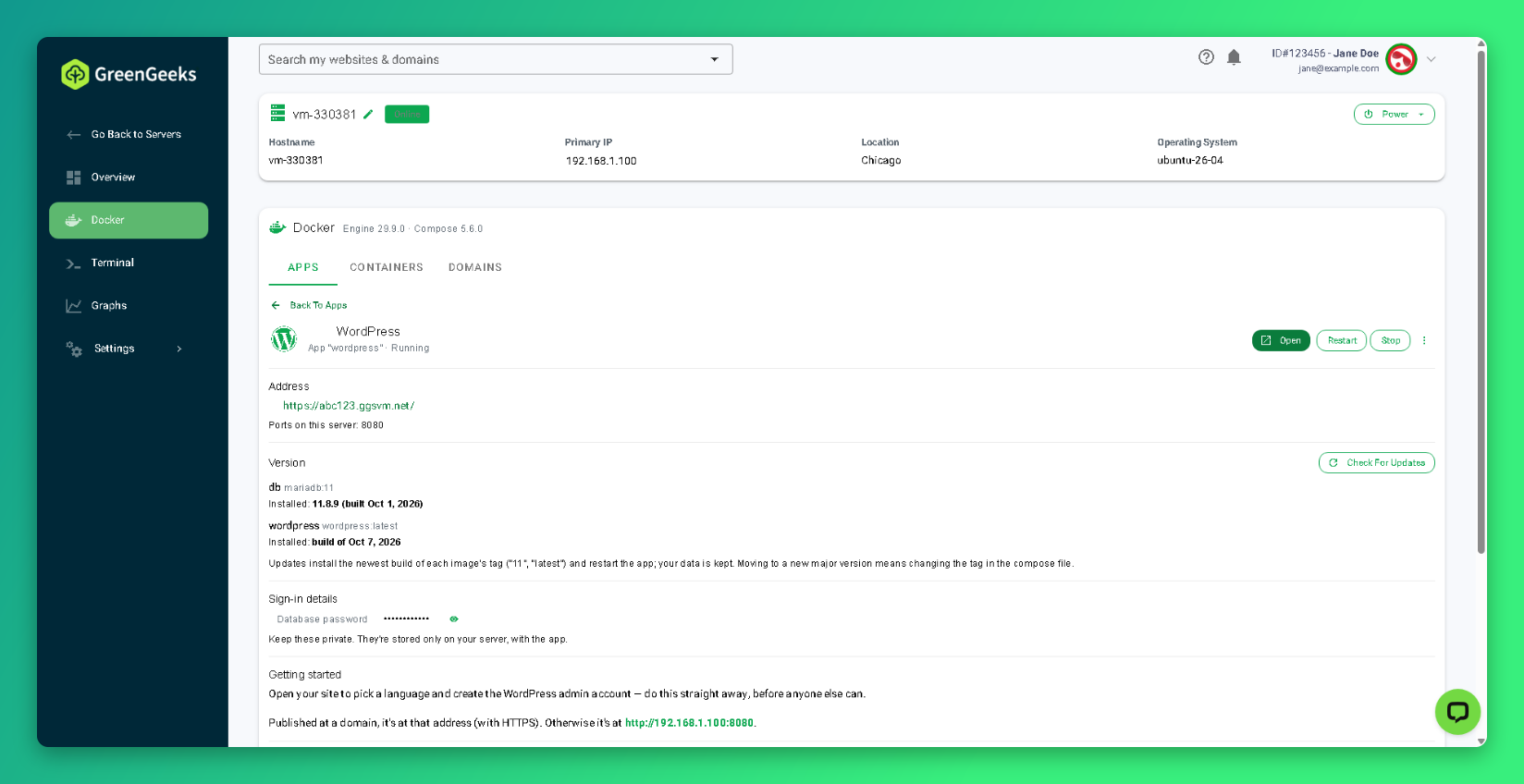 WordPress app Manage page
