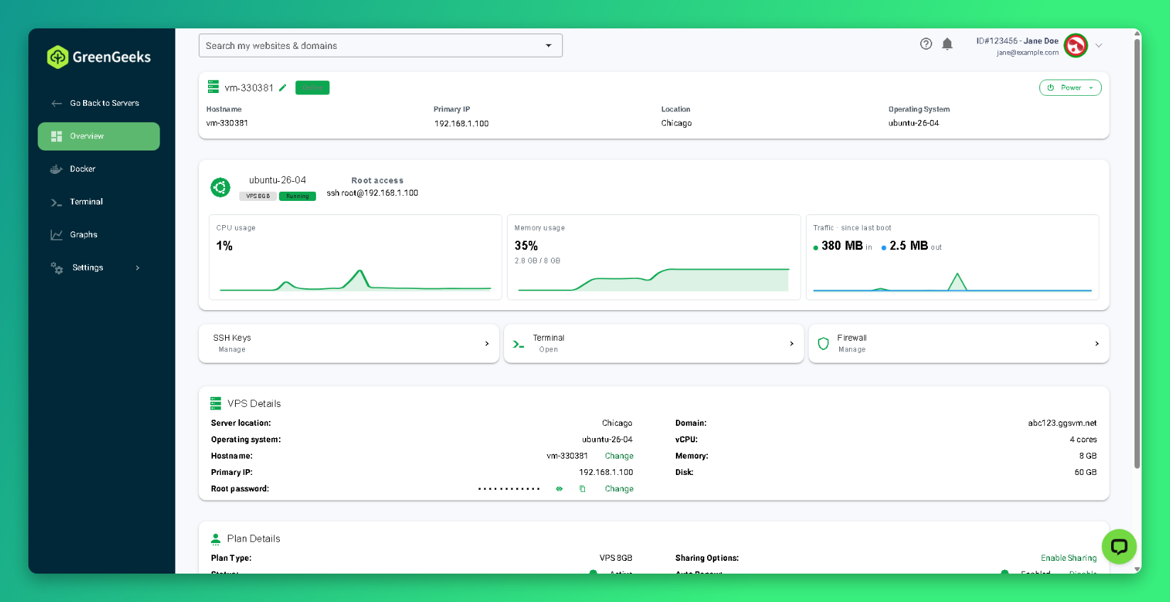 Self-Managed VPS overview page with VPS Details