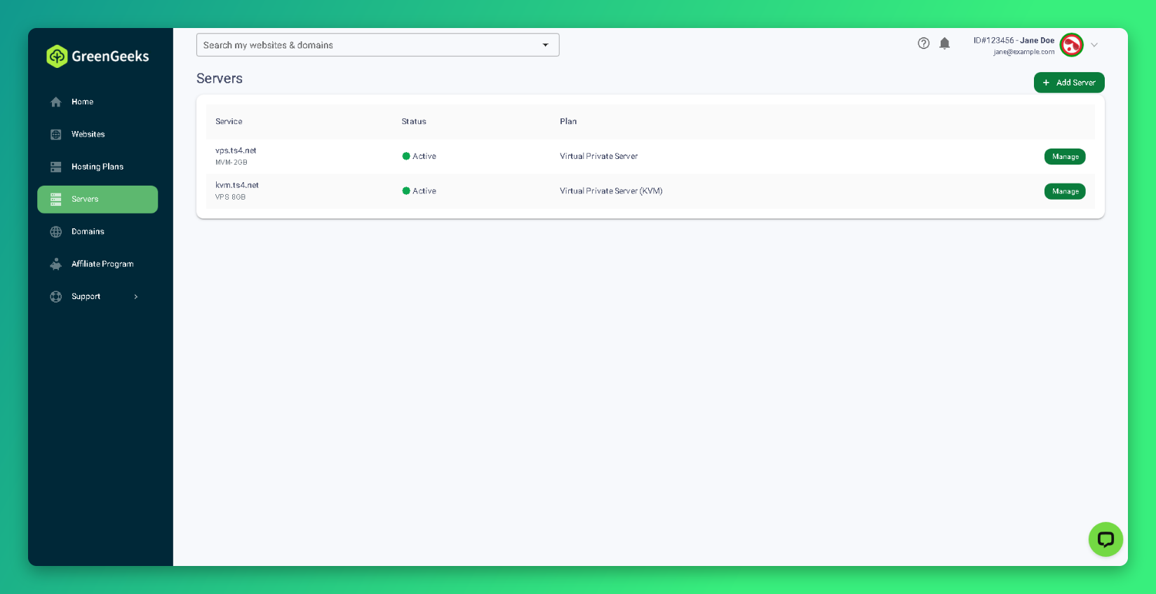 Servers list showing a Self-Managed VPS with a Manage button