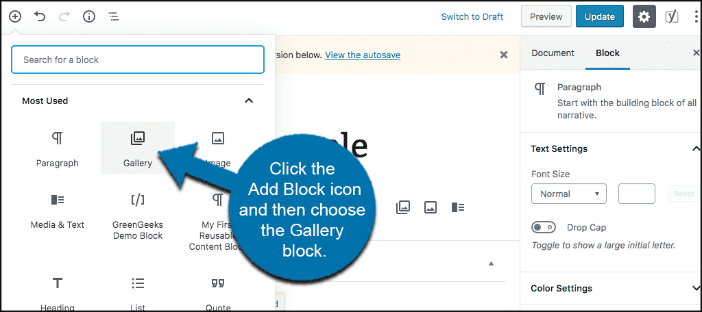 Add wordpress image gallery block