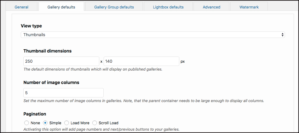 Gallery defaults