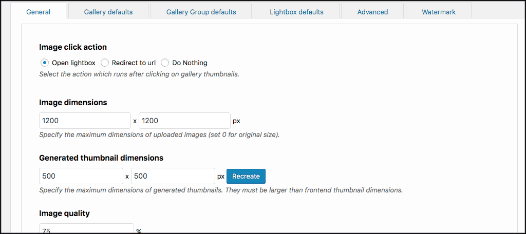 General settings for image gallery