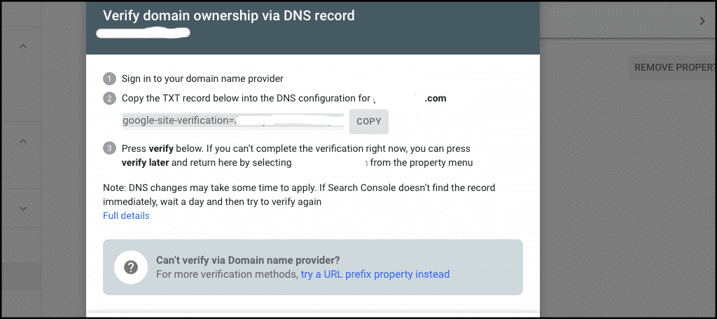 Verify domain name ownership with google search console