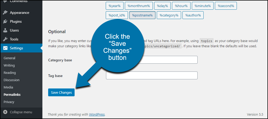 WordPress permalinks click "save changes"