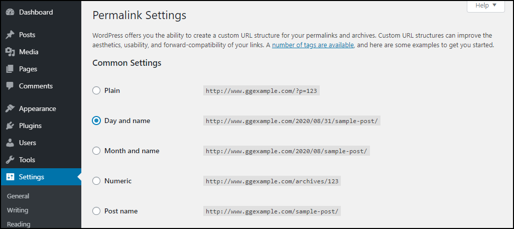 Configuración predeterminada de los enlaces permanentes de WordPress