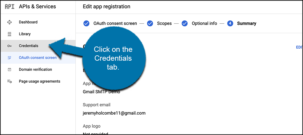 Click credentials tab for Gmail smtp