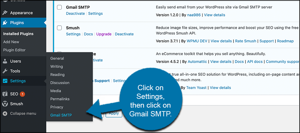 Click on settings then gmail smtp