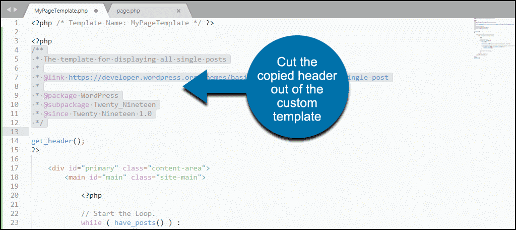 custom WordPress template cutting page.php header