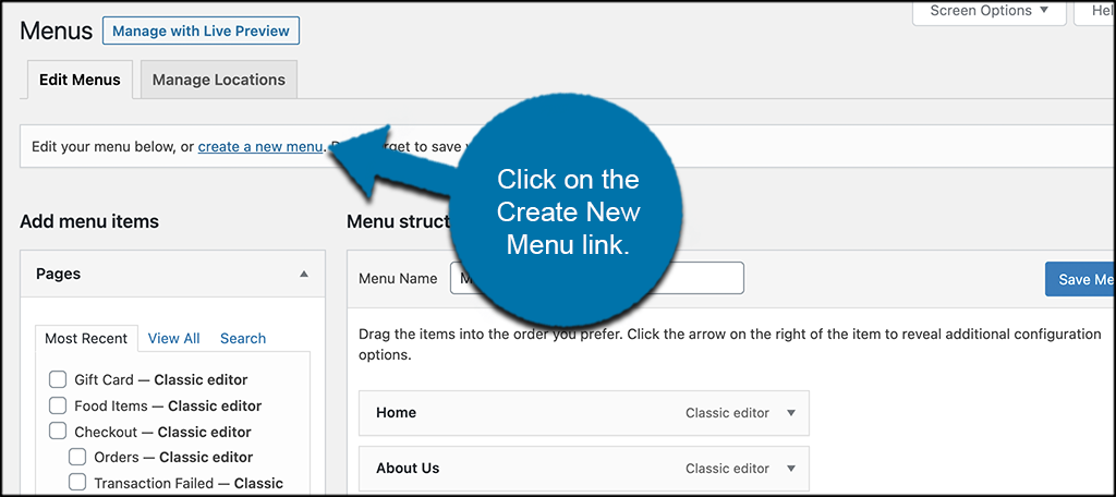 Click create new menu link