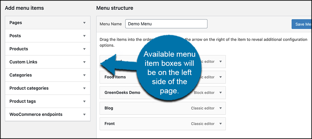 Menu item boxes