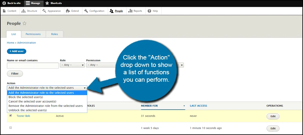 Usuarios de edición masiva de Drupal