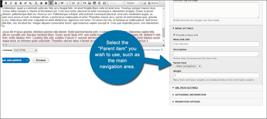 Drupal Page Menu Settings